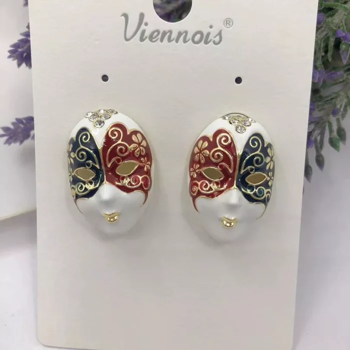 VIENNOIS WHITE CERAMIC WITH RED,GREEN AND GOLD DETAIL MASK EARRING