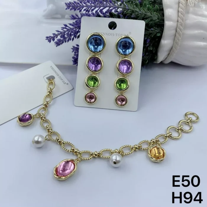 VIENNOIS PURPLE, PINK, ORANGE STONES AND WHITE PEARL BALLS GOLD BRACELET