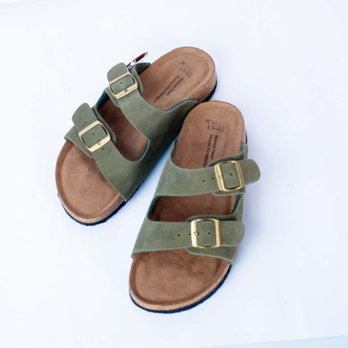 TIME AND THRU MOSS GREEN FAUX SUEDE SLIPPERS