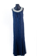 R&M RICHARD NAVY BLUE SHIMMER LACE SLEEVELESS MAXI GOWN WITH WHITE HEAVY BEADED SMALL /BIG NECK