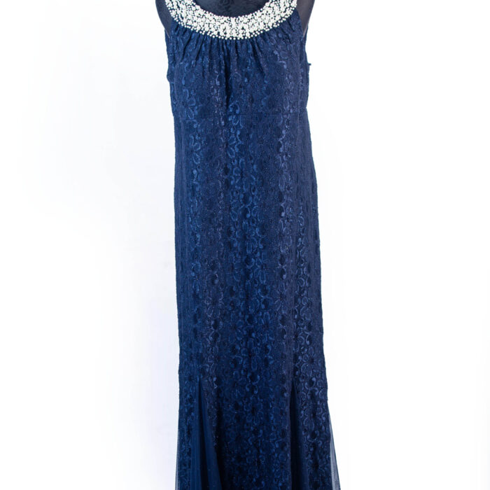 R&M RICHARD NAVY BLUE SHIMMER LACE SLEEVELESS MAXI GOWN WITH WHITE HEAVY BEADED SMALL /BIG NECK