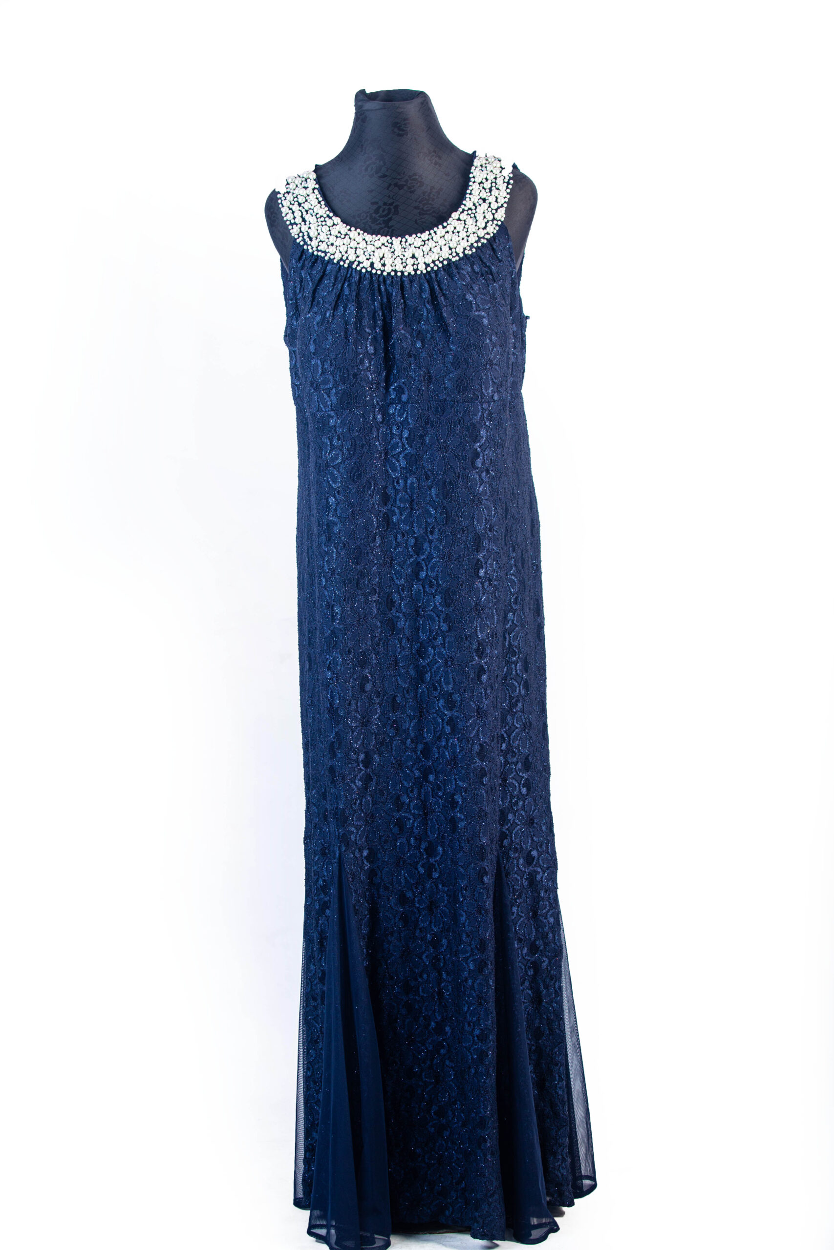 R&M RICHARD NAVY BLUE SHIMMER LACE SLEEVELESS MAXI GOWN WITH WHITE HEAVY BEADED SMALL /BIG NECK - Image 5