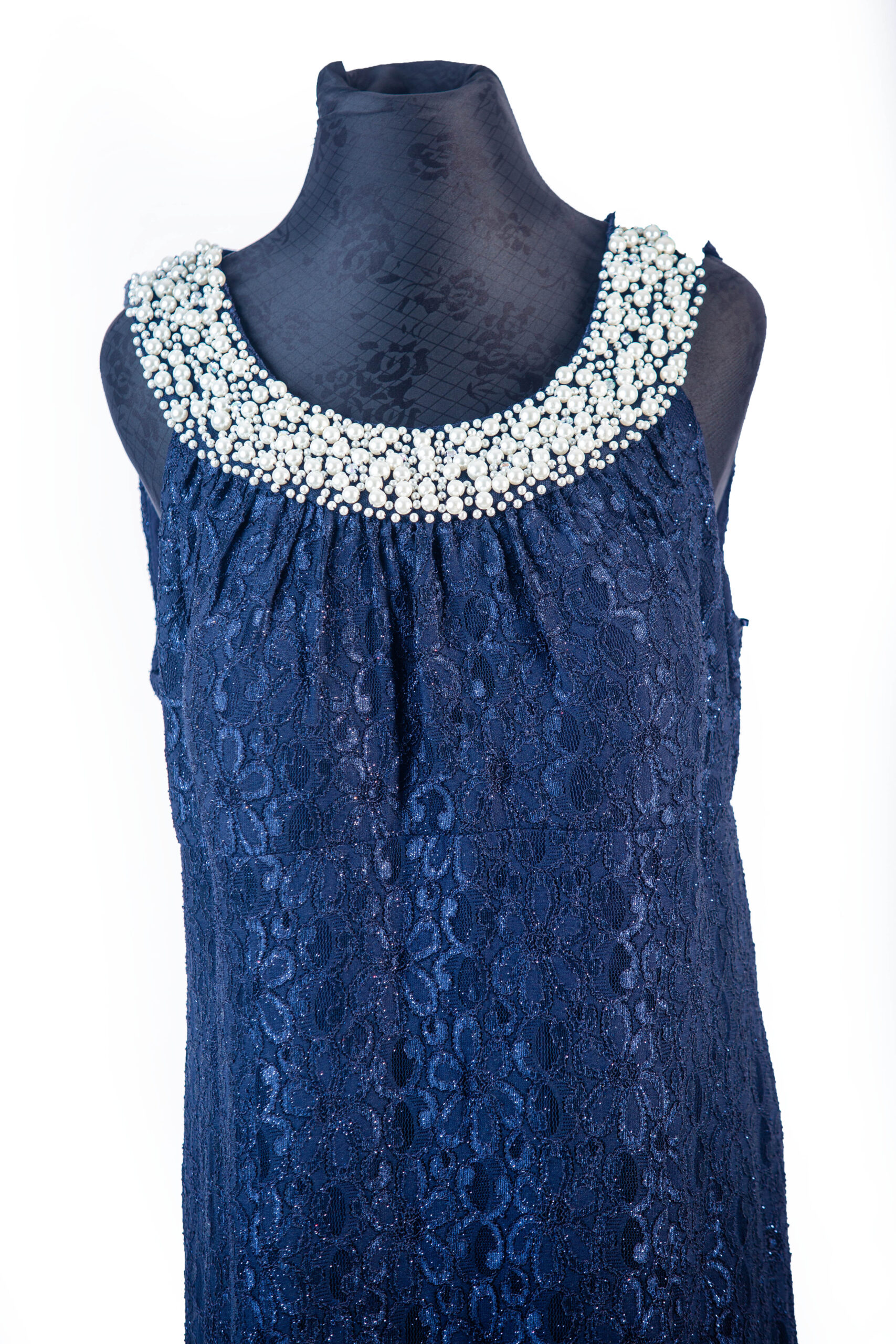 R&M RICHARD NAVY BLUE SHIMMER LACE SLEEVELESS MAXI GOWN WITH WHITE HEAVY BEADED SMALL /BIG NECK - Image 2