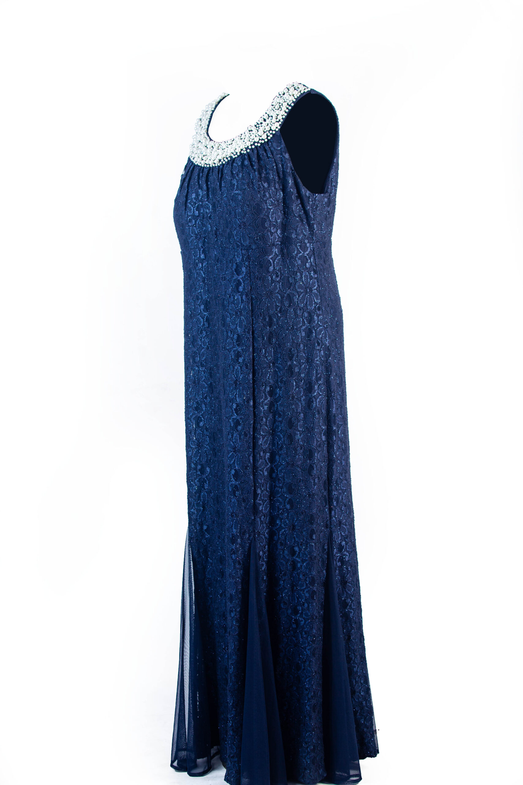 R&M RICHARD NAVY BLUE SHIMMER LACE SLEEVELESS MAXI GOWN WITH WHITE HEAVY BEADED SMALL /BIG NECK - Image 3