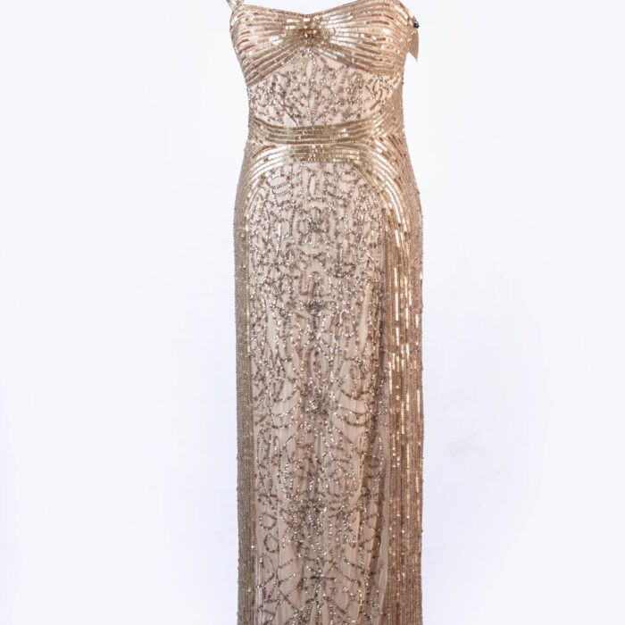 ADRIANNA PAPPEL CHAMPANGE GOLD SLEEVELESS FULL BEADED&SEQUENCED BALL GOWN WITH BUSTIER &CAP SLEEVE & BACK SLIT
