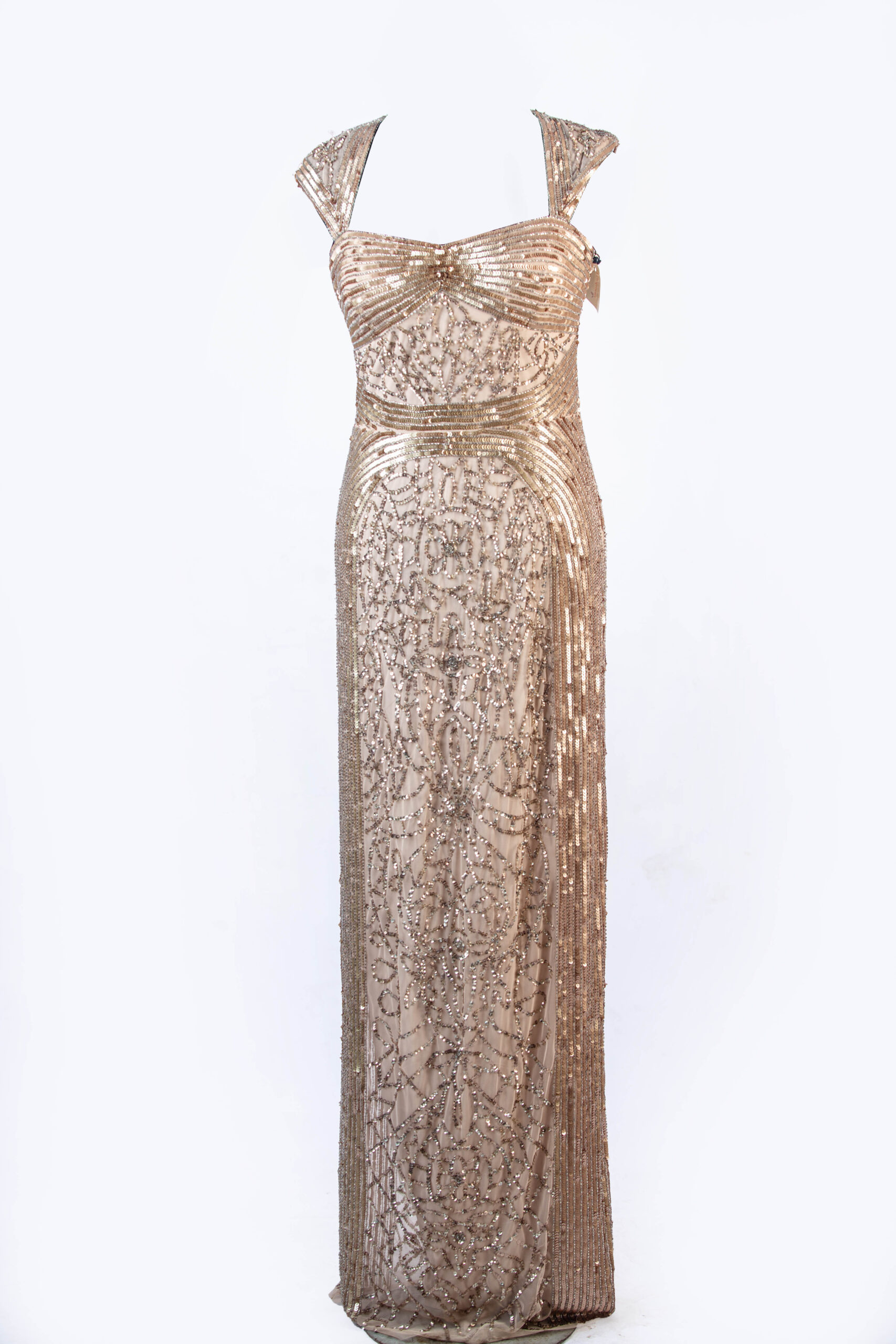 ADRIANNA PAPPEL CHAMPANGE GOLD SLEEVELESS FULL BEADED&SEQUENCED BALL GOWN WITH BUSTIER &CAP SLEEVE & BACK SLIT