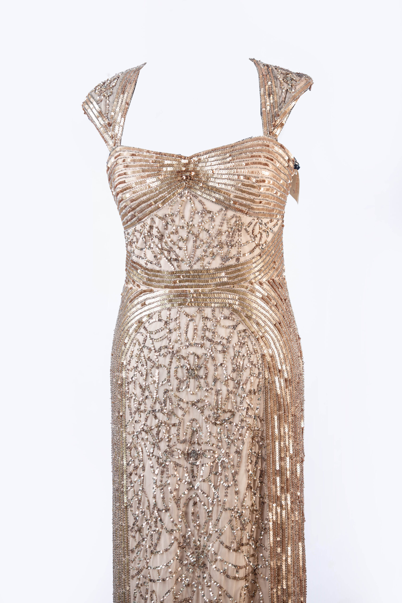 ADRIANNA PAPPEL CHAMPANGE GOLD SLEEVELESS FULL BEADED&SEQUENCED BALL GOWN WITH BUSTIER &CAP SLEEVE & BACK SLIT - Image 4
