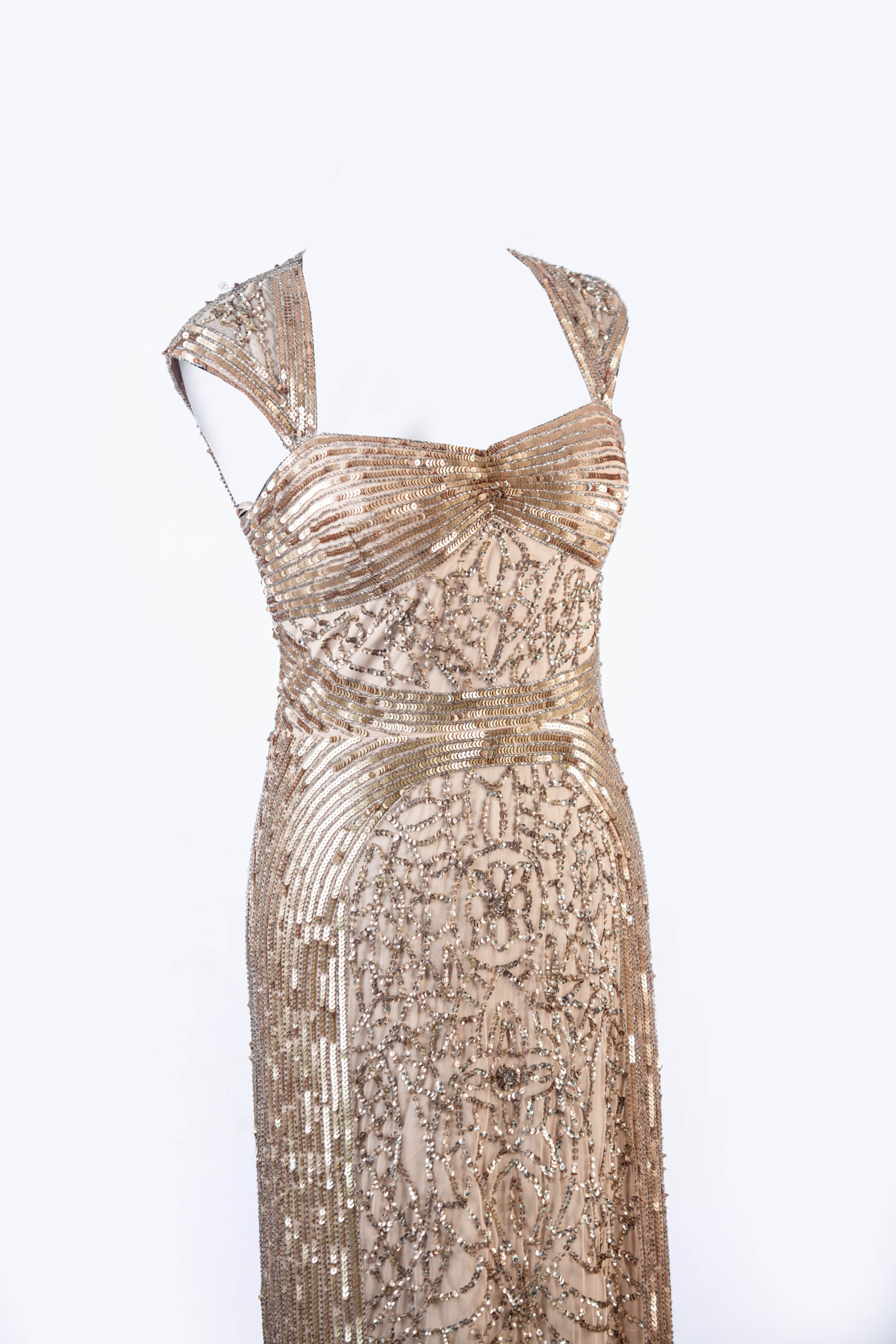 ADRIANNA PAPPEL CHAMPANGE GOLD SLEEVELESS FULL BEADED&SEQUENCED BALL GOWN WITH BUSTIER &CAP SLEEVE & BACK SLIT - Image 2