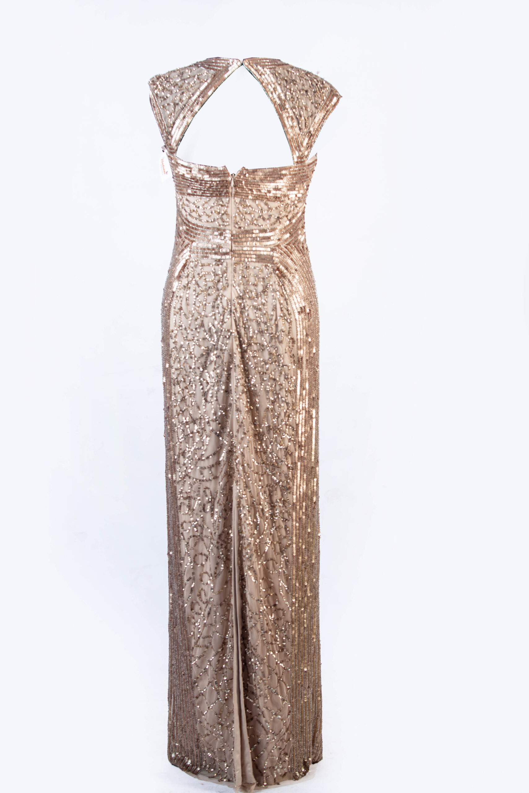 ADRIANNA PAPPEL CHAMPANGE GOLD SLEEVELESS FULL BEADED&SEQUENCED BALL GOWN WITH BUSTIER &CAP SLEEVE & BACK SLIT - Image 3