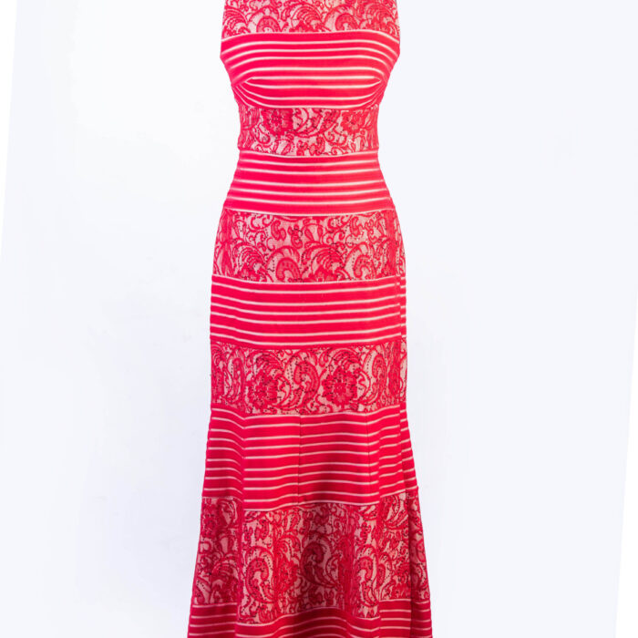 SANGRIA RED WITH NUDE LACE BANDAGE COMBO SLEEVELESS MAXI DRESS