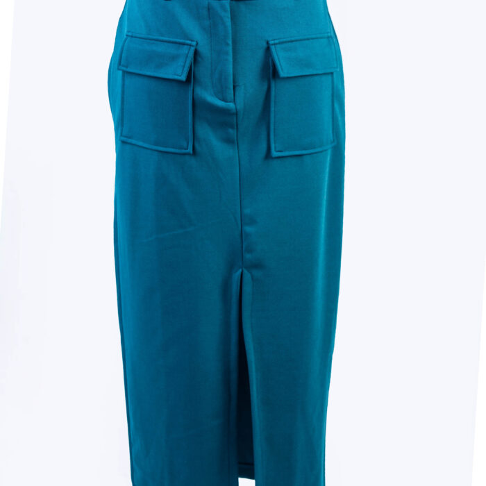 KIRLNDO ARMY GREEN COMBAT STRAIGHT MIDI SKIRT WITH HIP POCKETS AND CENTER SLIT