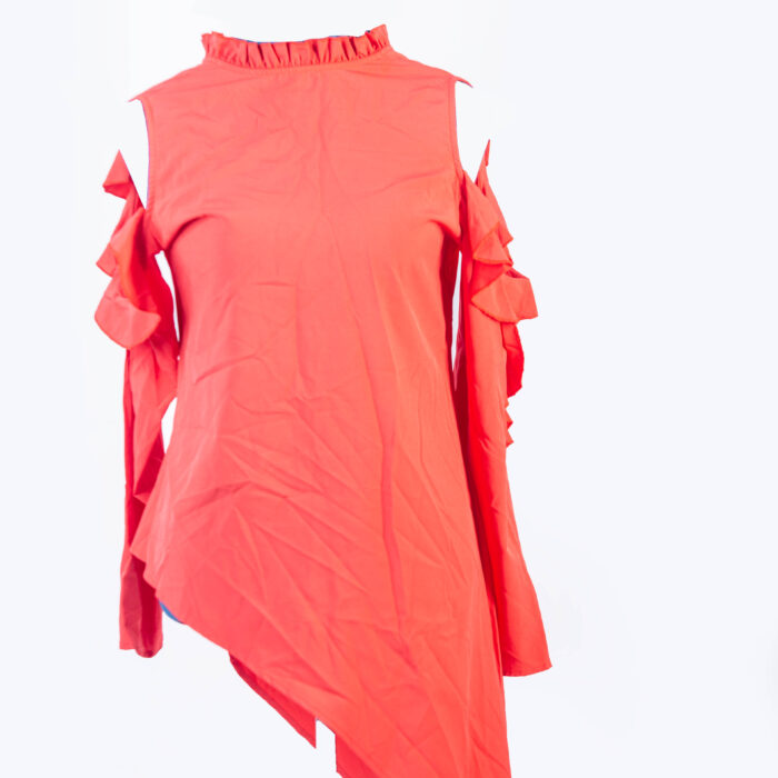 H BURNT ORANGE HI-LO TOP WITH SLITS AND FRILLS DETAILS AND VISIBLE ZIP