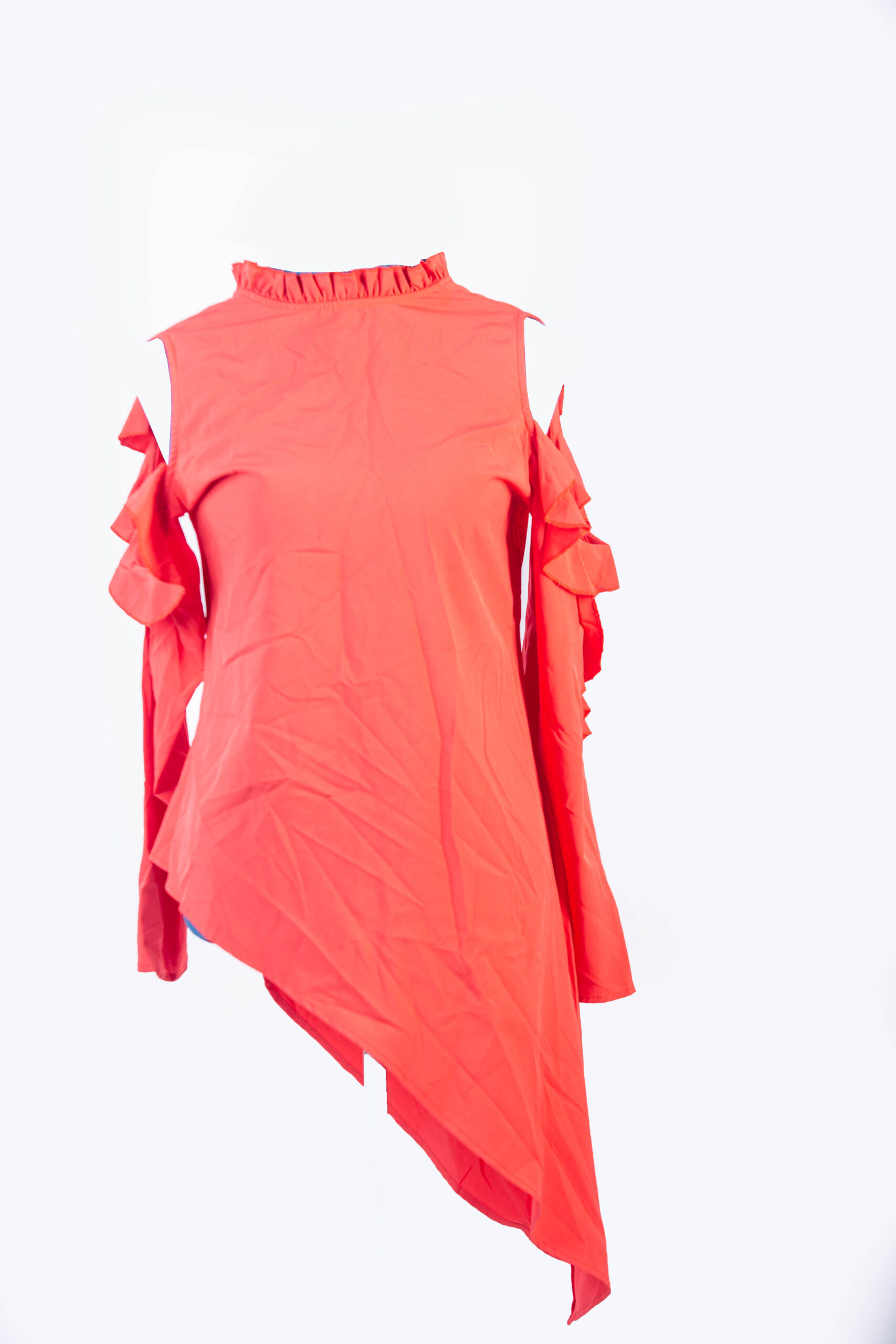 H BURNT ORANGE HI-LO TOP WITH SLITS AND FRILLS DETAILS AND VISIBLE ZIP