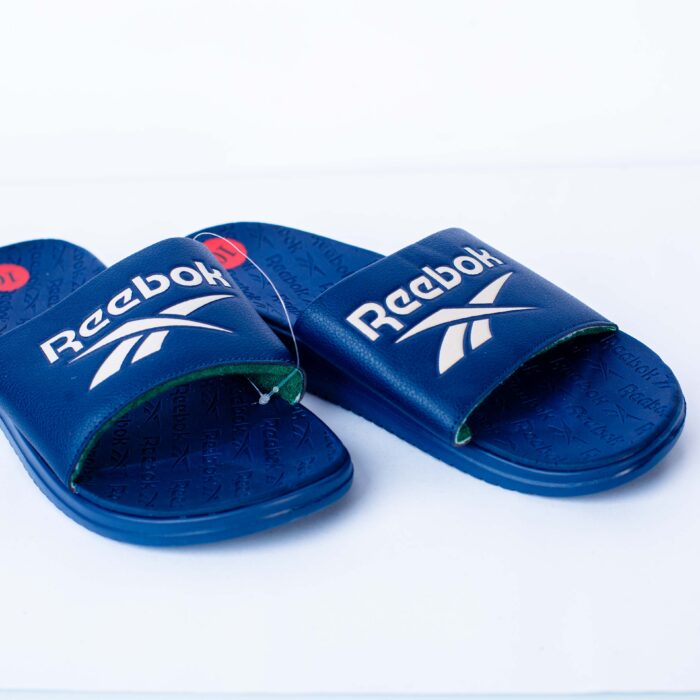 NAVY BLUE SLIPPERS WITH WHITE REEBOK LOGO