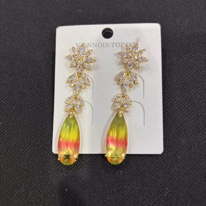 VIENNOIS LADIES GOLD STONE PETALS AND OVAL YELLOW GREEN PINK STONE EARRING