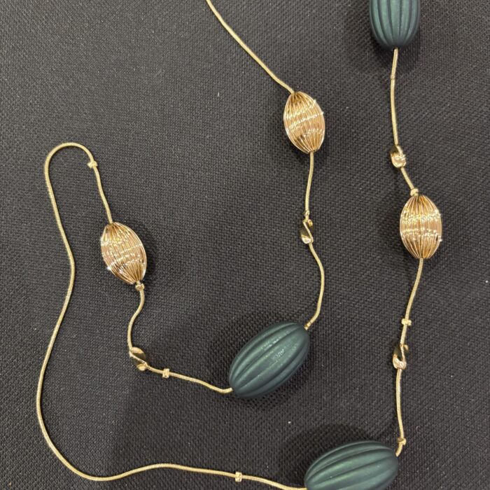 VIENNOIS LADIES GOLD LONG CHAIN WITH GOLD/GREEN PUMKIN SHAPED BALLS