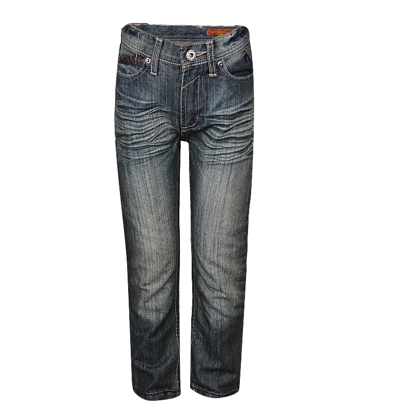 GS-115 VINTAGE FADED DENIM BOYS JEANS TROUSER WITH CRINKLE AND LEATHER DETAILS