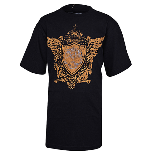 AVIREX BLACK TEE SHIRT WITH FADED GOLD DETAIL AND GREY STUDDS
